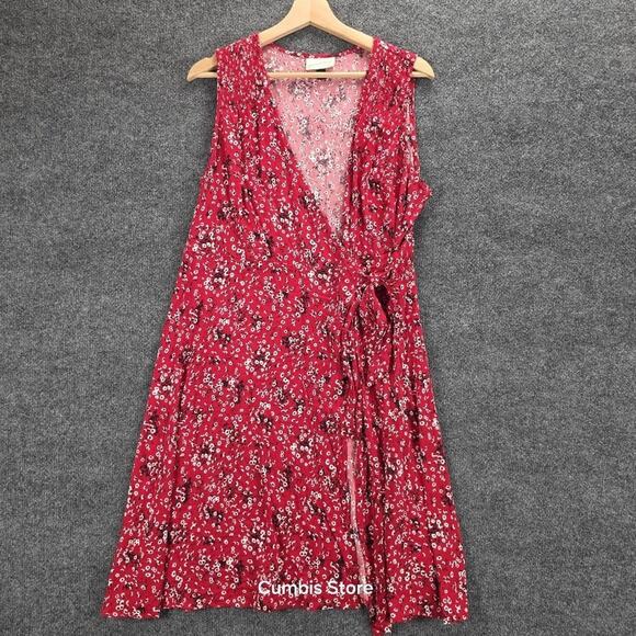 Universal Thread Wrap Dress Womens Large Red Floral Tie Waist Sleeveless V Neck - Picture 10 of 16